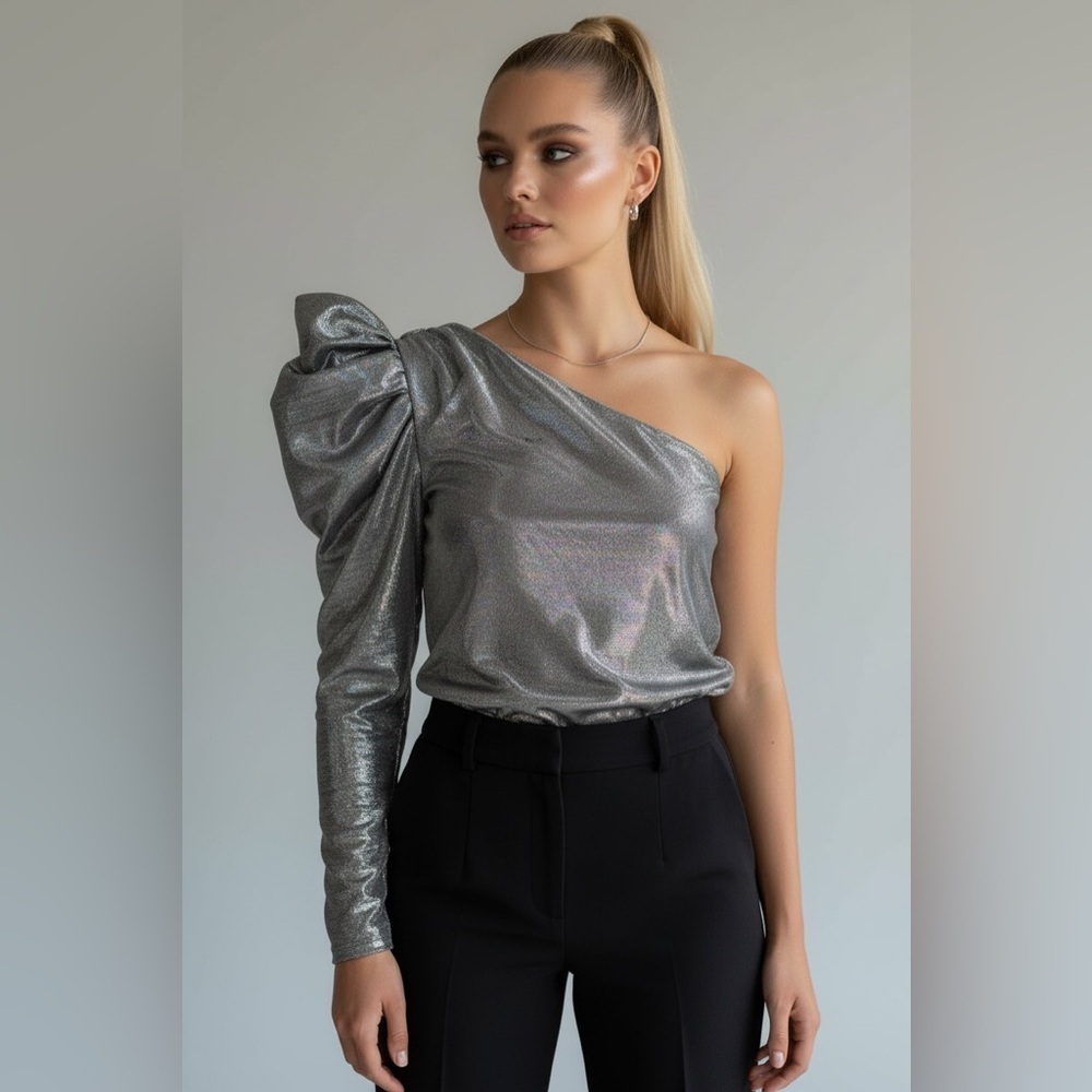 DO+BE Metallic Silver One Shoulder Bow Top Size Small